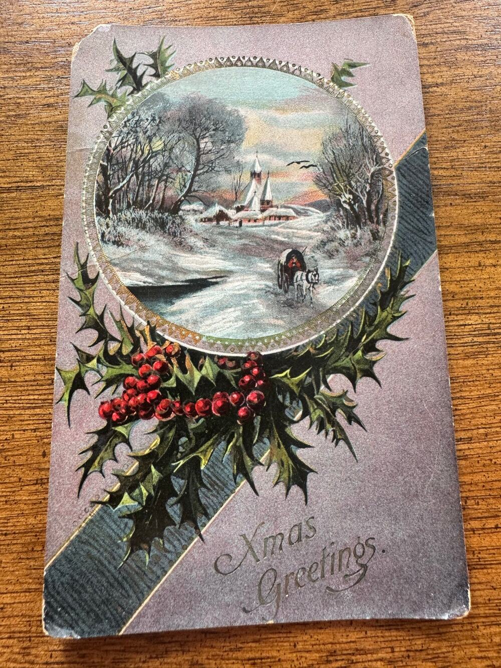 Vintage Embossed German Christmas Postcard Xmas Greetings Unused Holly